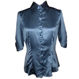 Mix it Satin Dark Teal Vintage high neck Button up Blouse | M